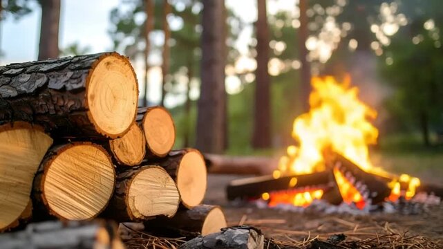 Stacked logs by campfire