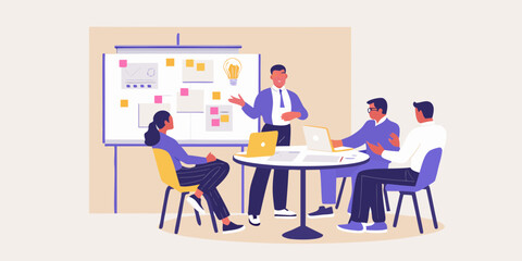 Diverse business team collaborates around a table during a whiteboard brainstorming session with a lightbulb idea symbol