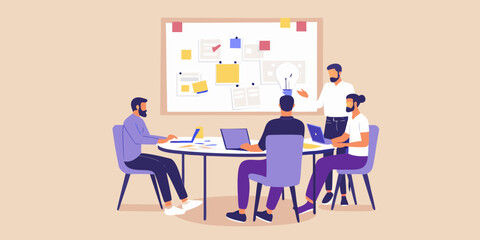 Diverse team collaborating around a table with laptops and a whiteboard displaying ideas and a lightbulb symbol