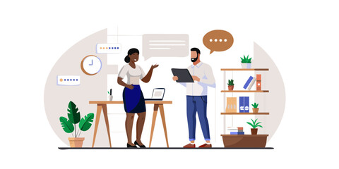 Two diverse colleagues collaborating and discussing ideas in a modern office setting with plants and bookshelves