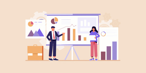 Business professionals presenting financial data and charts on a whiteboard during a meeting