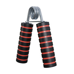 3D render of a handgrip with soft black and red handles and strong metallic spring.