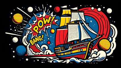Retro Pop Art Sailing Ship Exploding Through Space: Bold, Energetic, Comic Book Style Illustration