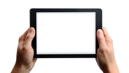 A person holding a tablet device with a blank screen, perfect for showcasing apps or digital content in various contexts.