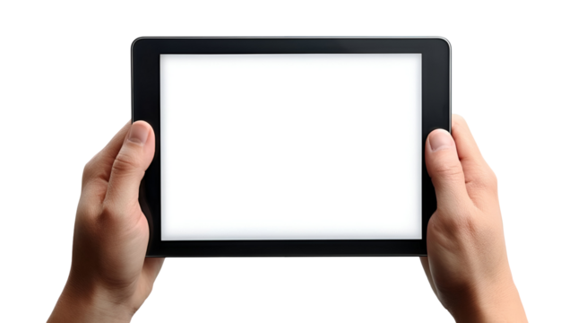 A person holding a tablet device with a blank screen, perfect for showcasing apps or digital content in various contexts.