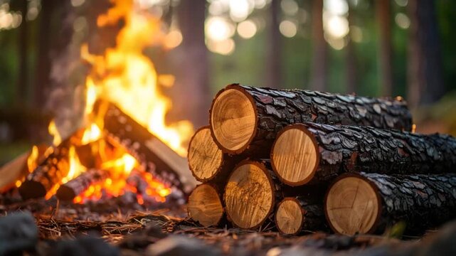 Campfire and logs in forest