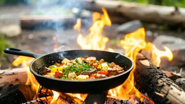 Campfire cooking meal outdoors
