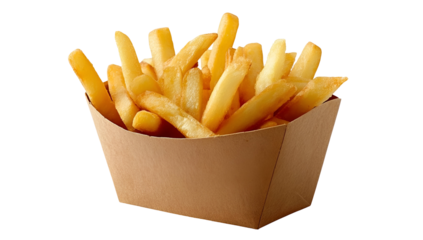 A delicious serving of golden, crispy French fries in a paper container, perfect for snacking or as a side dish.