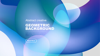 Abstract shapes overlap, creating vibrant blue, purple gradients. Text promotes geometric background design, includes call to action.