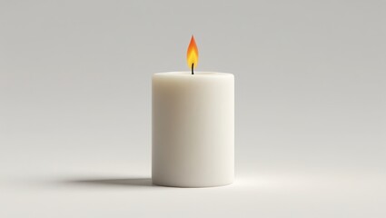 A single, simple white candle, illuminated by a warm flame, sits centrally on a light gray background.