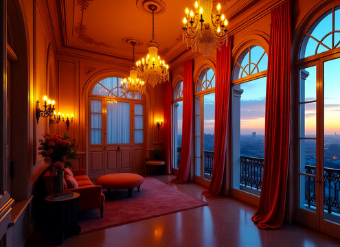 Elegant opulent ballroom interior with grand chandeliers plush seating and large windows revealing a breathtaking sunset cityscape view - Powered by Adobe