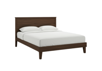 Modern platform bed with a dark wood frame and crisp white linens