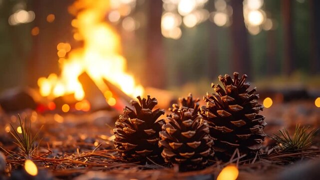 Campfire pinecones forest scene