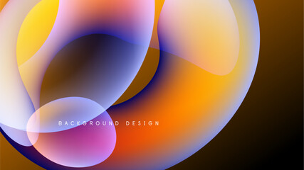 Abstract colorful shapes overlap, creating vibrant gradients. Modern design element against dark background. Smooth transitions, fluid forms.