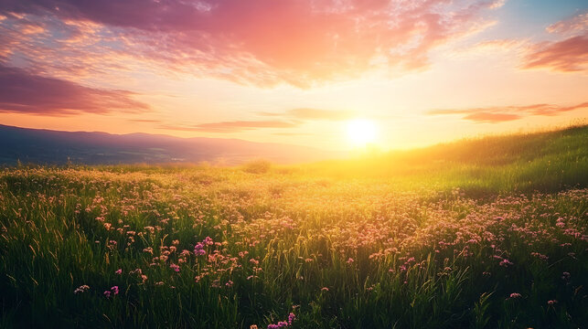 Golden hour sunset bathes rolling hills and wildflower meadow in warm, vibrant light.