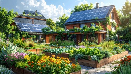 Two sustainable homes feature rooftop solar panels and vibrant, flourishing gardens.