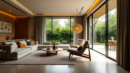 Modern luxury living room interior design furniture sofa armchair coffee table decor illumination natural light plants elegance comfort spacious inviting