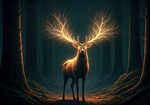 Majestic Deer with Glowing Antlers Stands in Enchanted Forest, Bathed in Ethereal Light
