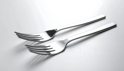Two stainless steel forks on a white surface