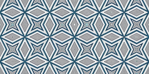 Fototapeta premium Intricate geometric tribal pattern with diamond shapes and symmetrical repeating motifs in blue and white