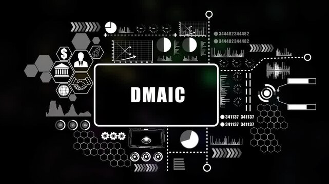  DMAIC Concept with Modern Technology, Data Analytics and Futuristic Business Graphics. Asymptotic smart data analytic. .4K animation