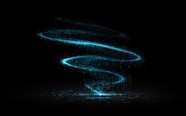Blue glowing particle swirl forming a dynamic spiral pattern