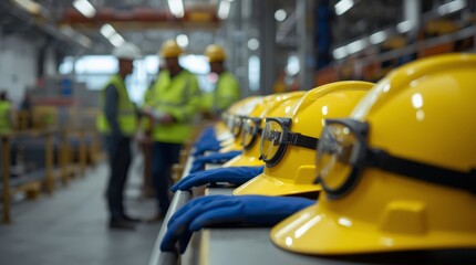 Obraz premium A close-up, shallow depth of field shot focusing on a row of bright yellow safety hard hats, each with black safety goggles attached, neatly placed on a shelf or table in an industrial setting. 