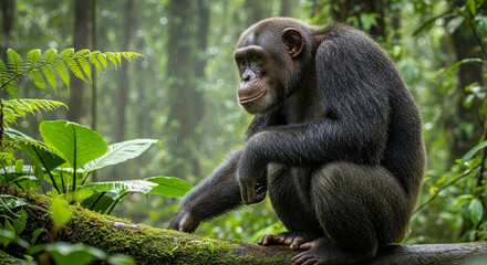 Obraz premium Intelligent chimpanzee perched on a mossy branch during a gentle rainforest shower