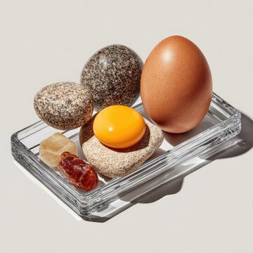 Clear tray holding egg, stones, and candy