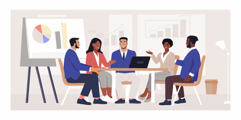 Diverse team of professionals collaborating and discussing business strategy during a meeting around a table with a laptop and charts