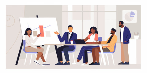 Diverse business team collaborating and presenting data during a meeting in a modern office setting