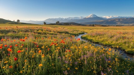 Fototapeta premium A vibrant meadow of wildflowers stretches towards a backdrop of snow-capped mountains, showcasing a tranquil and scenic landscape.
