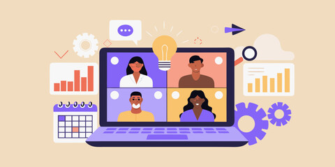 Diverse team collaborating on a video conference call with charts and calendar icons representing business planning