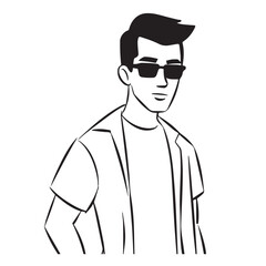 Handsome Man Black and White Illustration Vector Image Male Portrait Fashion Sketch Line Art Design	