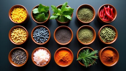 A visually appealing arrangement of various spices and herbs in small, terracotta-colored bowls, showcasing a spectrum of textures and vibrant hues against a dark backdrop.