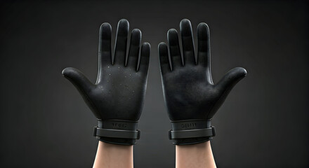 Pair of Black Textured Gloves on Human Arms Against a Dark Gradient Background