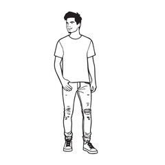 Handsome Man Black and White Illustration Vector Image Male Portrait Fashion Sketch Line Art Design	