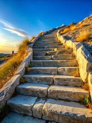Pale stone steps winding upward along a dry hilltop, glowing beneath a blue sky, evoking solitude, timeless beauty, and dramatic landscape charm