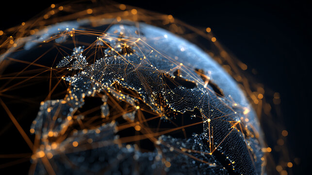 A close-up view of a digitally connected globe, showcasing networks and data flow across continents with vibrant light effects.