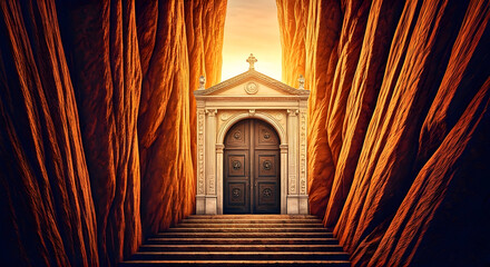 Mysterious Ancient Doorway Entranced Between Towering Orange Rock Formations Under a Golden Sky