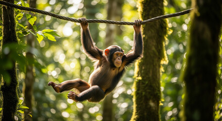 Young chimpanzee expertly swings on a thick vine through a sun-dappled lush green jungle canopy