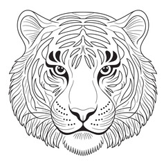 Majestic Tiger Face – Black and White Line Art for Coloring Book