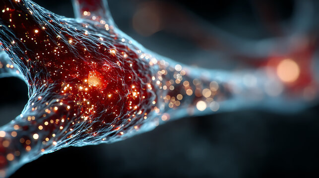 A detailed visualization of a neuron, showcasing its intricate structure and glowing synaptic connections. Perfect for educational uses.