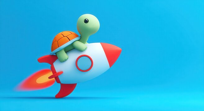 Cute cartoon turtle riding a rocket ship on a blue background