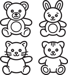 Obraz premium Handmade Plush Toys Outline Icons Set Teddy Bear, Bunny, Cat, Doll, and Cute Soft Craft Animals