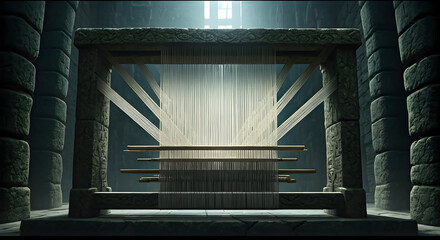 Ancient Stone Loom with Taut Threads Bathed in Light, Evoking Craftsmanship and Mystery