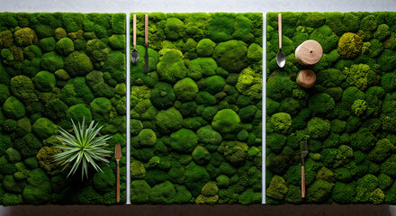 Vertical Living Moss Wall Art with Wooden Utensils and Plant Accent