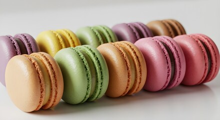 Obraz premium Colorful macarons aligned in row, elegant French patisserie, sweet dessert and gourmet confectionery.