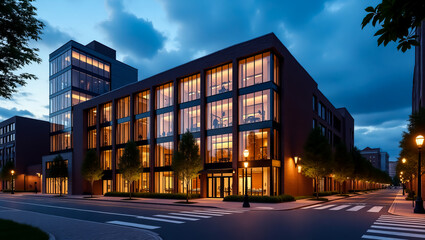 A modern corporate building illuminated at dusk with office lights glowing warmly visible through large windows on a tree-lined street