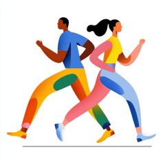 Fototapeta premium Two athletes, one male and one female, are running side by side in an abstract, colorful style. They showcase determination and energy against a bright background.